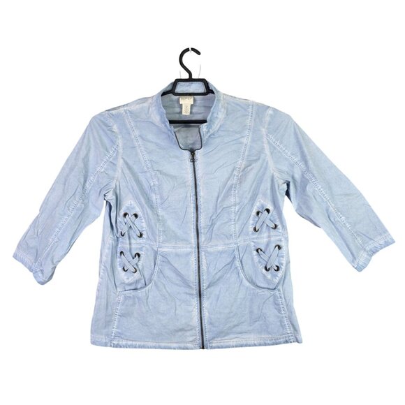 Womens Chicos Zenergy Blue Full Zip Jacket 3/4 Sleeve Lace-Up Cotton Stretch 2 - Picture 1 of 8